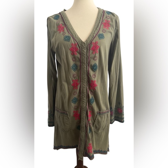 Johnny Was Olive Green Long Sleeve Floral Embroidery Button Cardigan Size Large - Picture 2 of 12